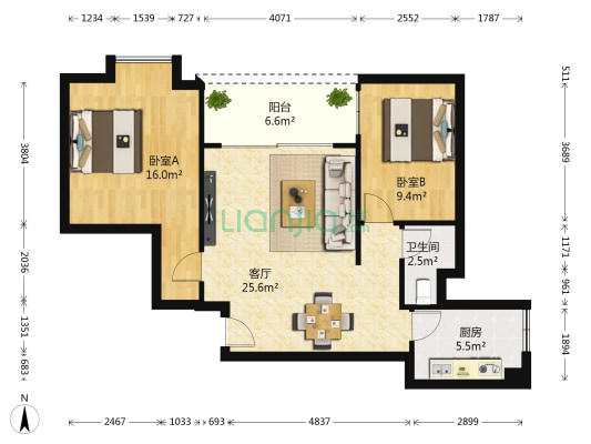紫来居 2室1厅1卫 82平方