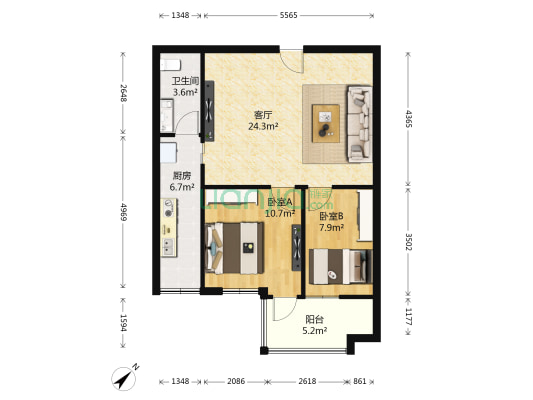 东山国际新城D区 2室1厅1卫 65平方