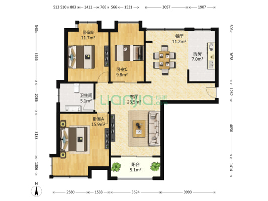 天泽苑 3室2厅1卫 121平方