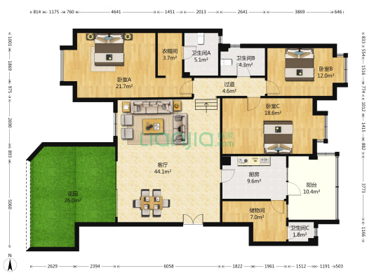瑞景光华 3室1厅3卫 162平方