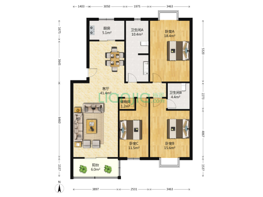 大鹏悦阳华庭 3室1厅2卫 134平方