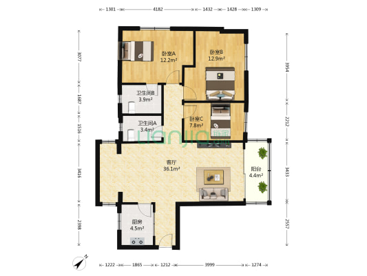 康欣园 3室1厅2卫 110平方