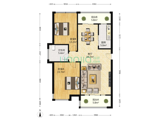 万达住宅区南区 2室1厅1卫 108平方