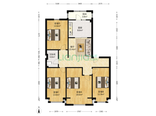 富豪花园北雅苑 4室1厅1卫 128平方