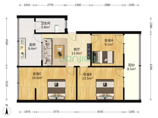 红盾新寓 3室1厅1卫 84平方