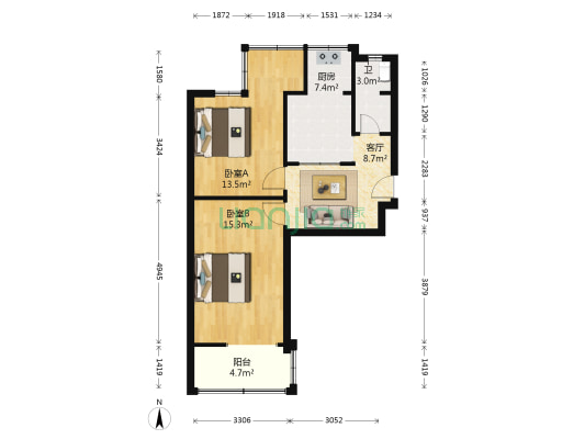 金鱼街1号 2室1厅1卫 56平方