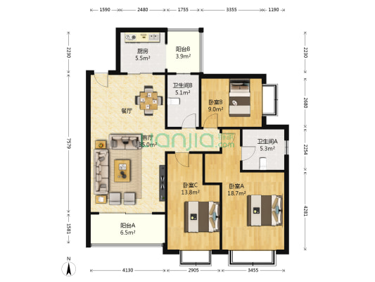 海伦国际海伦区 3室1厅2卫 126平方