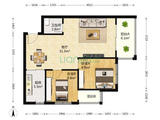 左岸美邻 2室1厅1卫 84平方