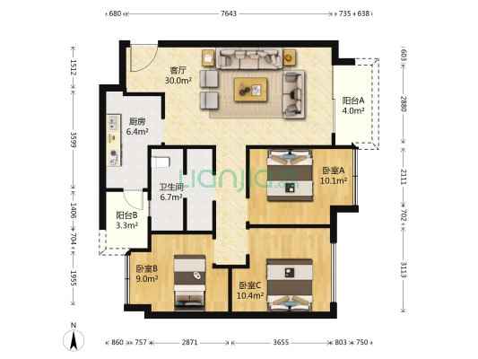 闲山悦一区 3室1厅1卫 90平方