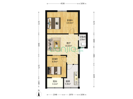 外化成五里墩中三巷4号 2室1厅1卫 59平方