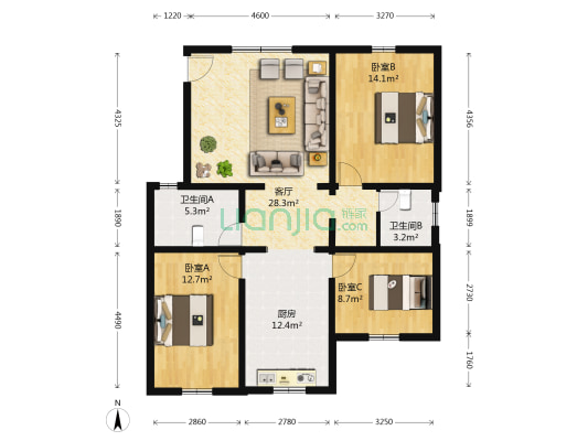 金苑住宅一期 3室1厅2卫 96平方