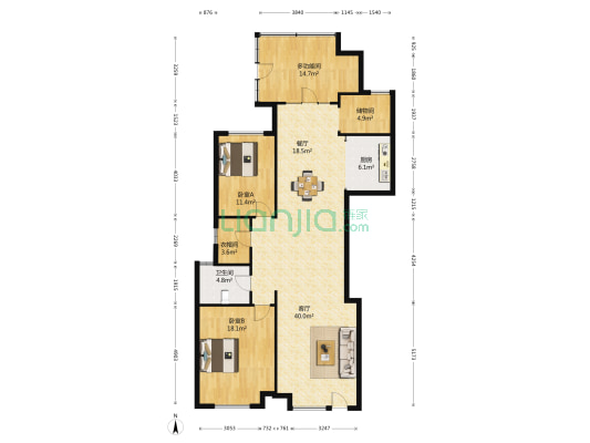 恒达海鑫花园 3室2厅1卫 127平方