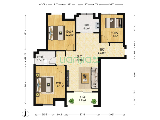 东方兰园西区 3室2厅1卫 105平方