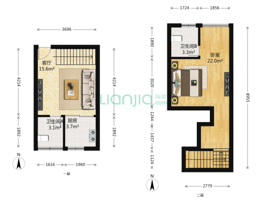 夏商大学康城二期 1室1厅2卫 65平方
