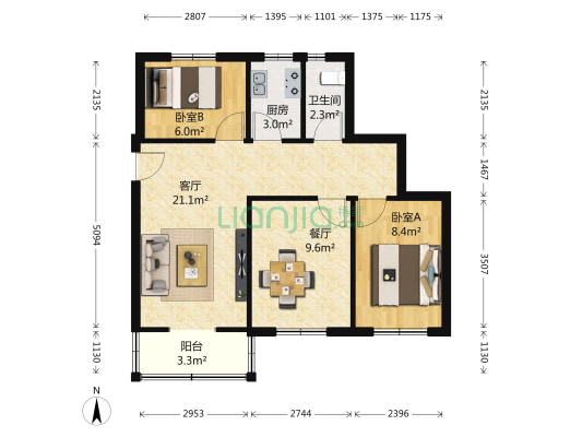 定福庄南里1号院 2室2厅1卫 72平方