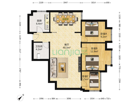 渝中花园3号 3室1厅1卫 103平方