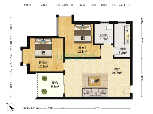 佳阳摩尔城 2室1厅1卫 83平方