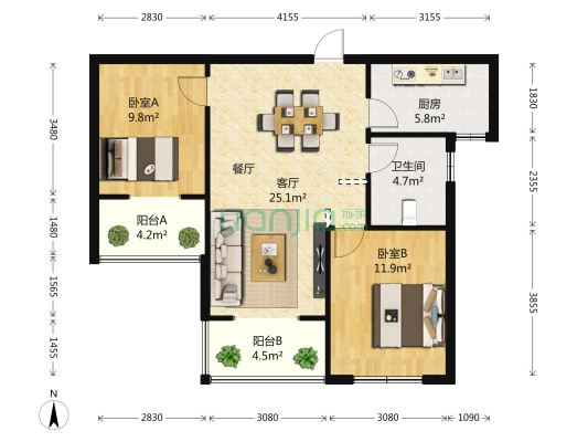 博雅豪庭 2室1厅1卫 93平方
