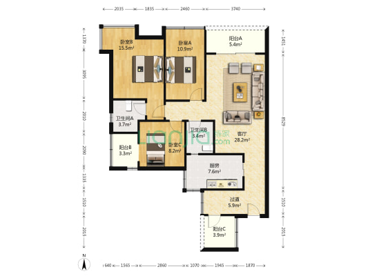 阳光青城 3室1厅2卫 101平方