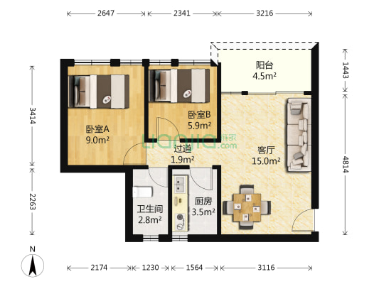 瑞安花园 2室1厅1卫 52平方