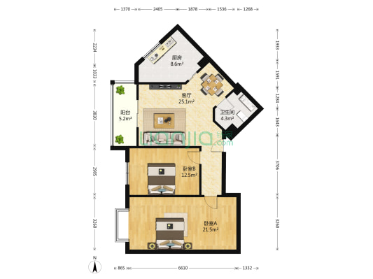 新空间花园 2室1厅1卫 87平方