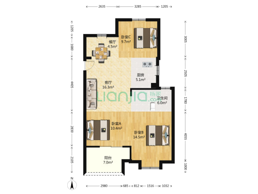 未来盛园 3室2厅1卫 100平方