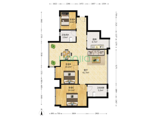 万达华府A区 3室1厅2卫 100平方