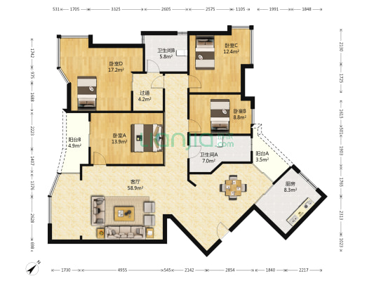 时代花园(婺城区) 4室1厅2卫 170平方