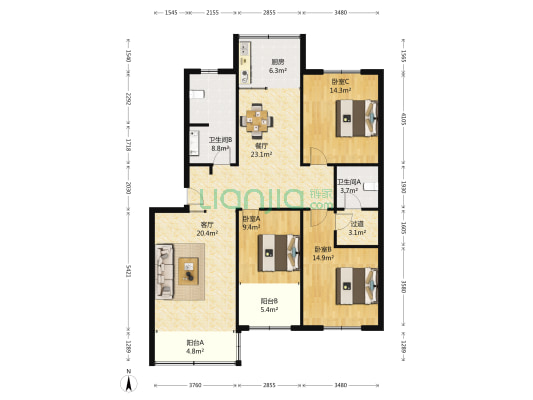 金北洋小区 3室2厅2卫 136平方