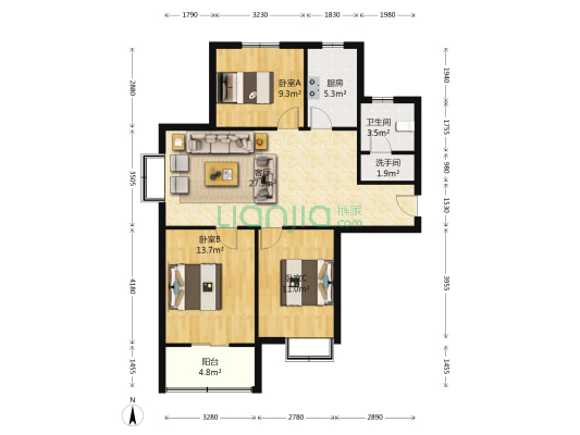 华美风景园二期D区 3室1厅2卫 93平方