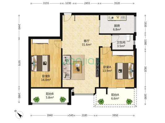 世纪金沙 2室1厅1卫 90平方
