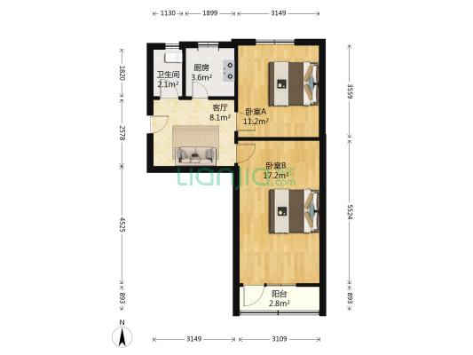 管城西街94号院 2室1厅1卫 56平方