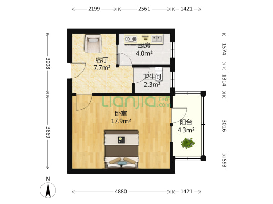 建研院 1室1厅1卫 45平方