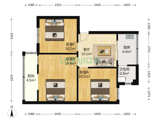 成都理工大学北苑 3室1厅1卫 69平方