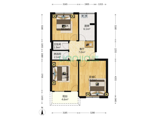物构所宿舍 3室1厅2卫 73平方