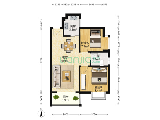 凯通国际城 2室1厅1卫 65平方