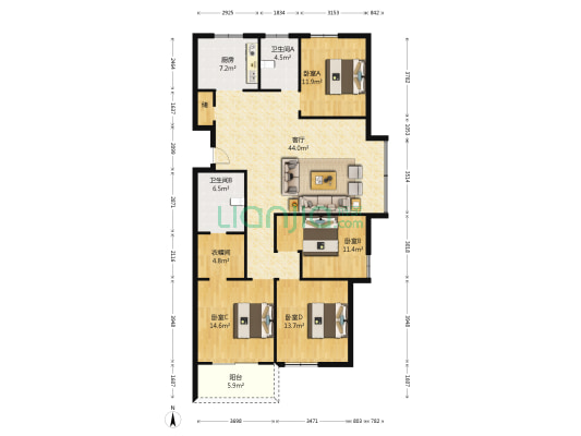 罗西住宅区九组团 4室1厅2卫 165平方