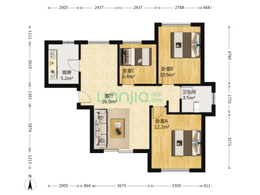 宝华北岸郡庭(公寓) 3室1厅1卫 85平方