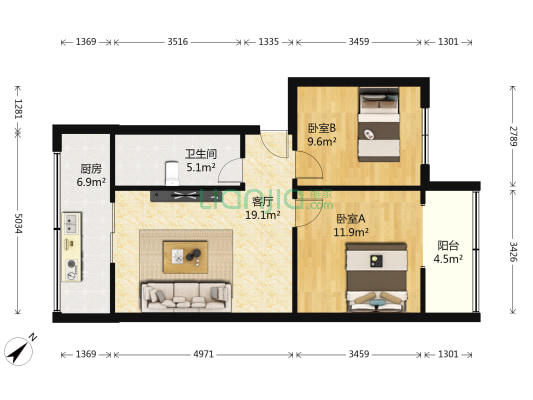 东方公司宿舍 2室1厅1卫 66平方