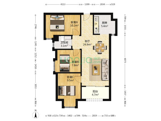 禹洲卢卡小镇 3室1厅1卫 95平方
