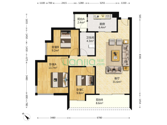 中海金沙湾A区 3室1厅1卫 101平方