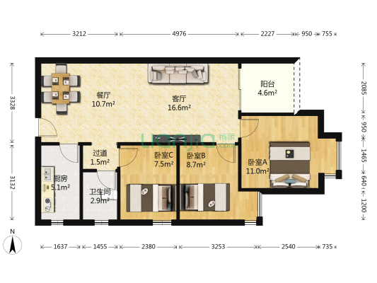 花果园U区 3室2厅1卫 90平方