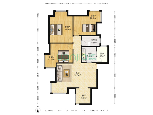 亚丁小镇 3室2厅1卫 98平方