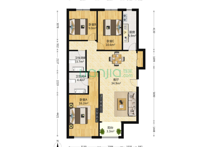 沸城3室1厅2卫 128㎡ 户型