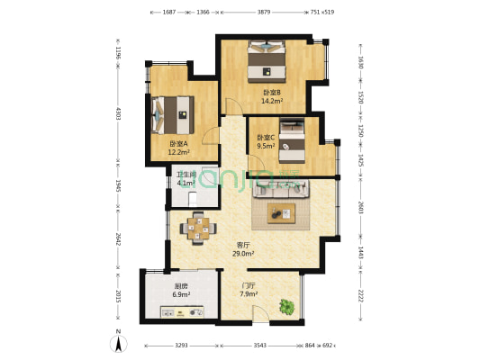 置信逸都C区 3室1厅1卫 95平方