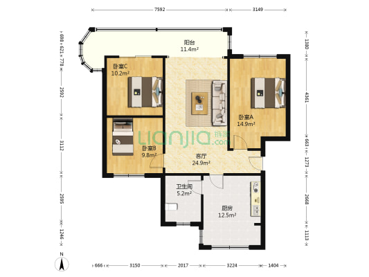 电杆厂宿舍 3室1厅1卫 105平方