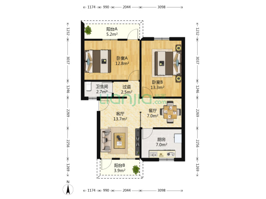 省医药总公司宿舍 2室2厅1卫 72平方