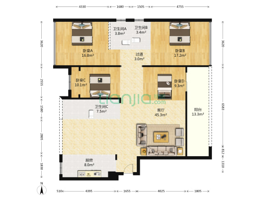 融信澜郡B区 4室1厅3卫 161平方