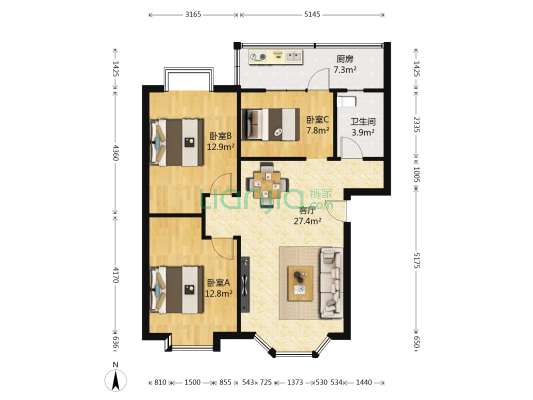 亲河名居B区 3室1厅1卫 84平方