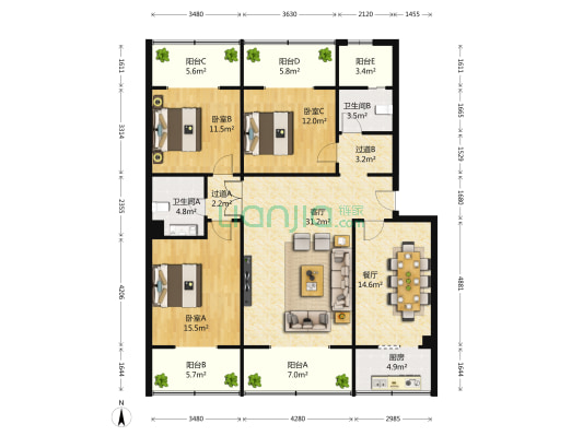 桂园 3室2厅2卫 124平方